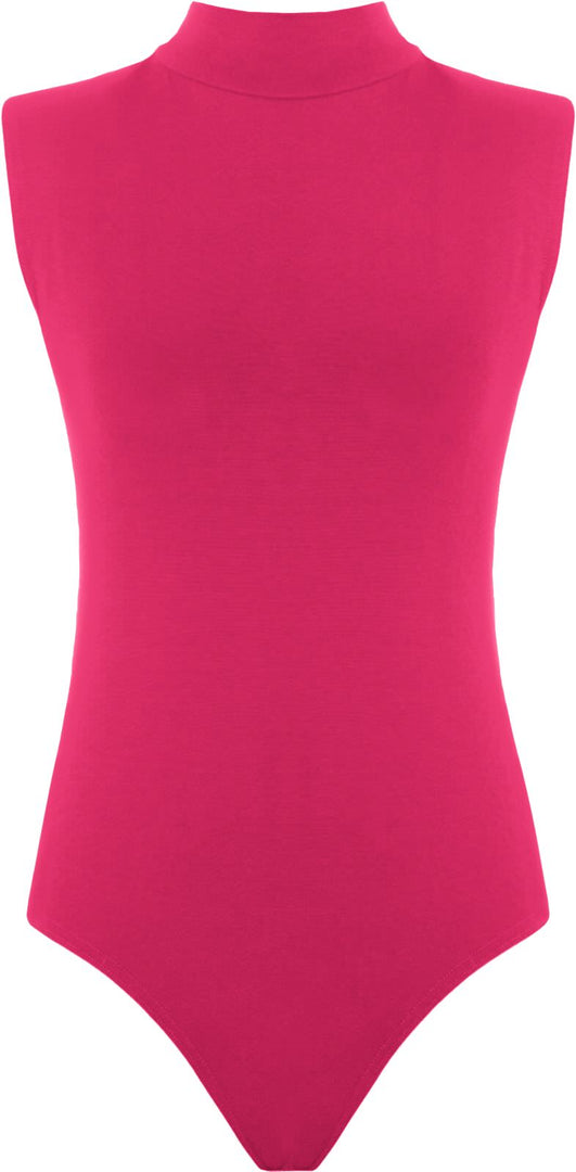 Womens Polo Turtle Neck Bodysuit Ladies Sleeveless Leotard Plain Stretchy Plunge Casual Party T-Shirt Top Sizes 16-22
