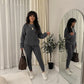 LUXE DIVA Women's 2pcs Round Neck Drop Shoulder Long Sleeve Top & Drawstring Waist Pant, Casual Slim Solid Sweater Set Knitwear