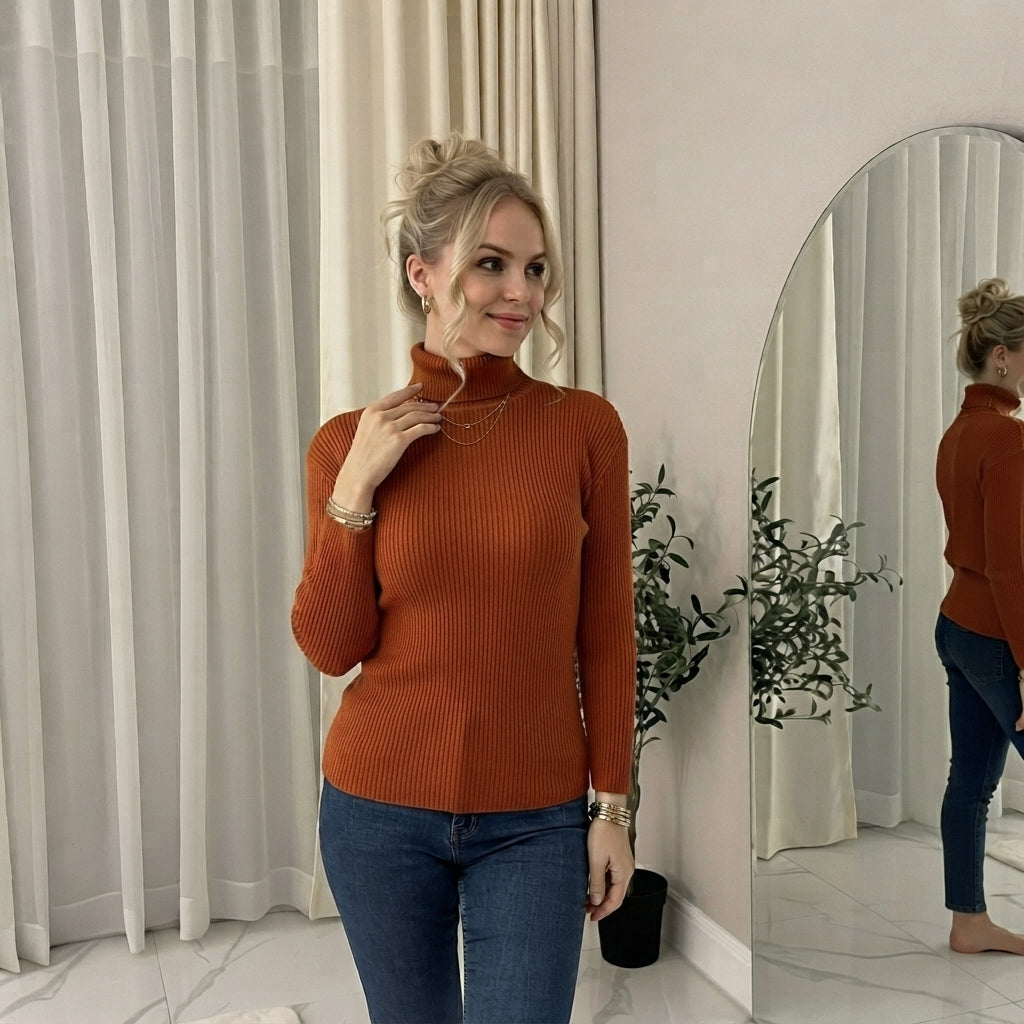LUXE DIVA Ladies Fine Knit Polo Neck Jumper Super Stretch Ribbed Sweater