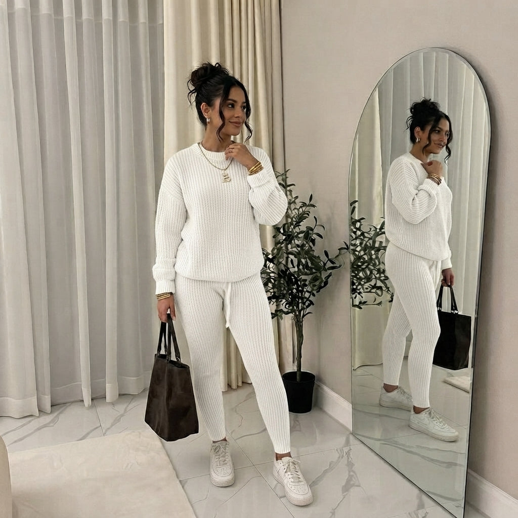 Women's Solid Drop Shoulder Sweater Set, 2024 New Drop Shoulder Rib-Knit Sweater & Pants Set