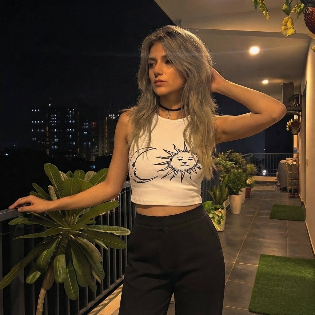 LUXE DIVA Women's Sun & Moon Print Halter Neck Crop Top Celestial Summer