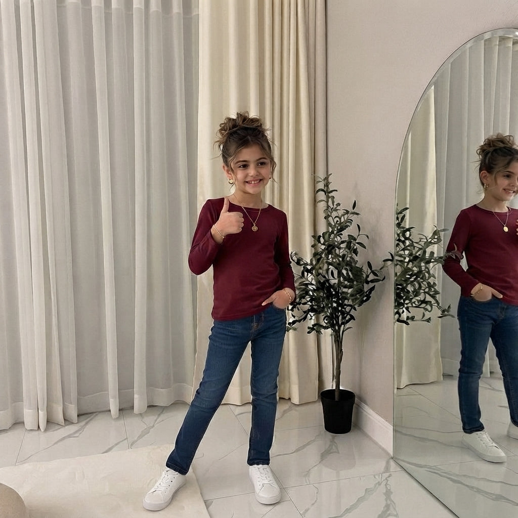 LUXE DIVA Girls Kids Plain Long Sleeve T-Shirt Round Neck Stretch School Top 2-13 Years
