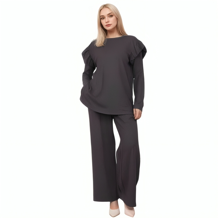 LUXE DIVA Ladies Frill arm Long Sleeve 2pcs Women's Wide Flared Leggings Trouser Loungewear Suit