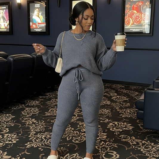 Women's Solid Drop Shoulder Sweater Set, 2024 New Drop Shoulder Rib-Knit Sweater & Pants Set