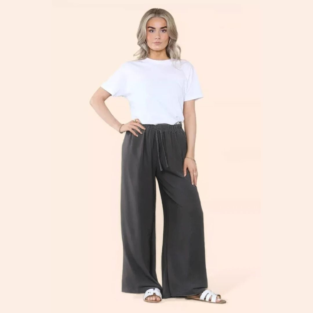 Ladies Wide Leg Drawstring Palazzo Bottom Trouser Pant Elasticated Waist