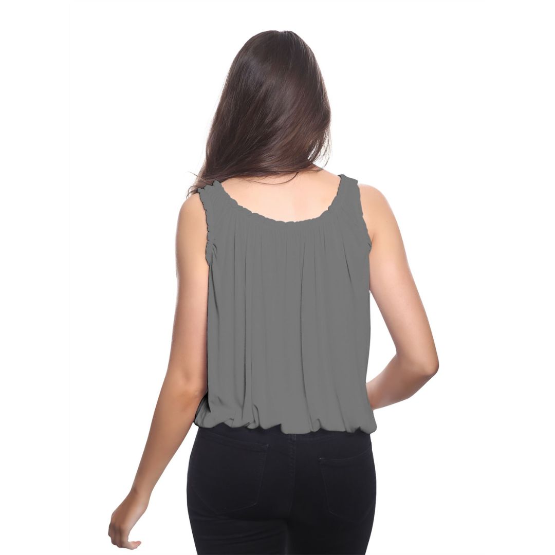 LUXE DIVA Women’s Gathered Round Scoop Neckline Swing Trim Sleeveless Plain Tank Top Wide Straps Ladies Elastic Bubble Hem Summer Camisole Baggy Vest Blouse Top