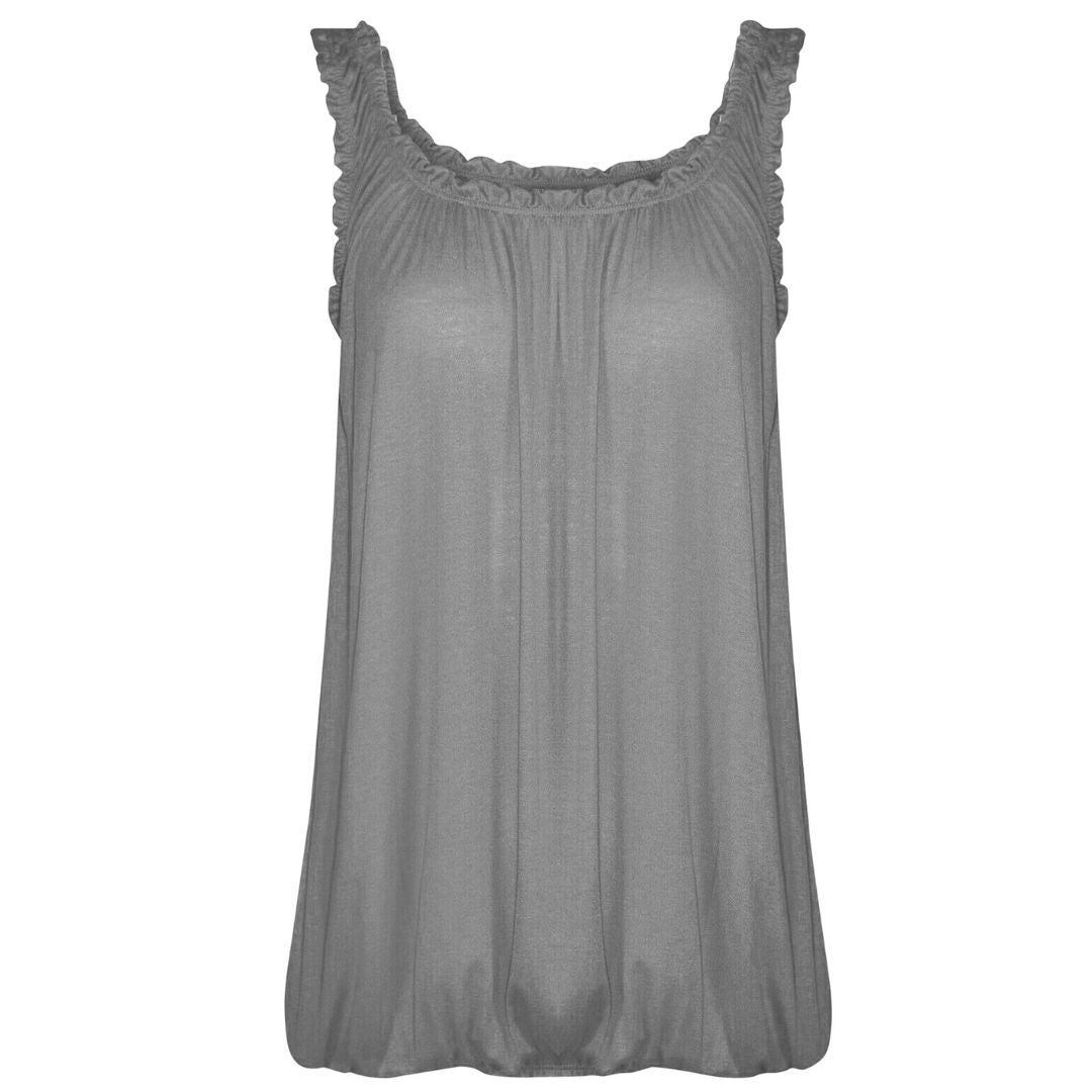 LUXE DIVA Women’s Gathered Round Scoop Neckline Swing Trim Sleeveless Plain Tank Top Wide Straps Ladies Elastic Bubble Hem Summer Camisole Baggy Vest Blouse Top