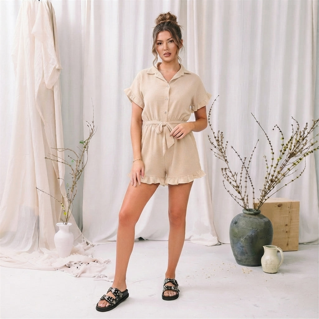 LUXE DIVA Women's Gold Button Belted Playsuit Short Sleeve Romper
