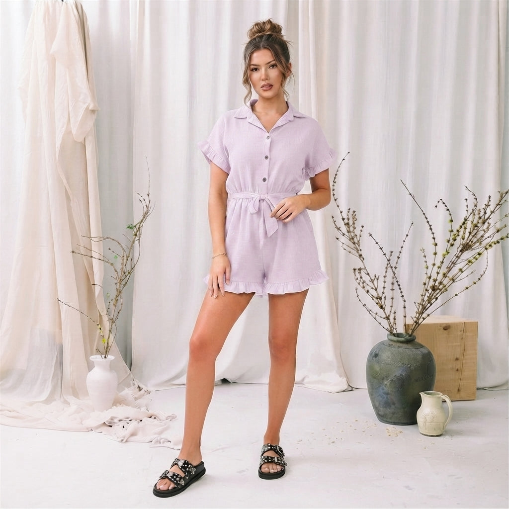 LUXE DIVA Women's Gold Button Belted Playsuit Short Sleeve Romper