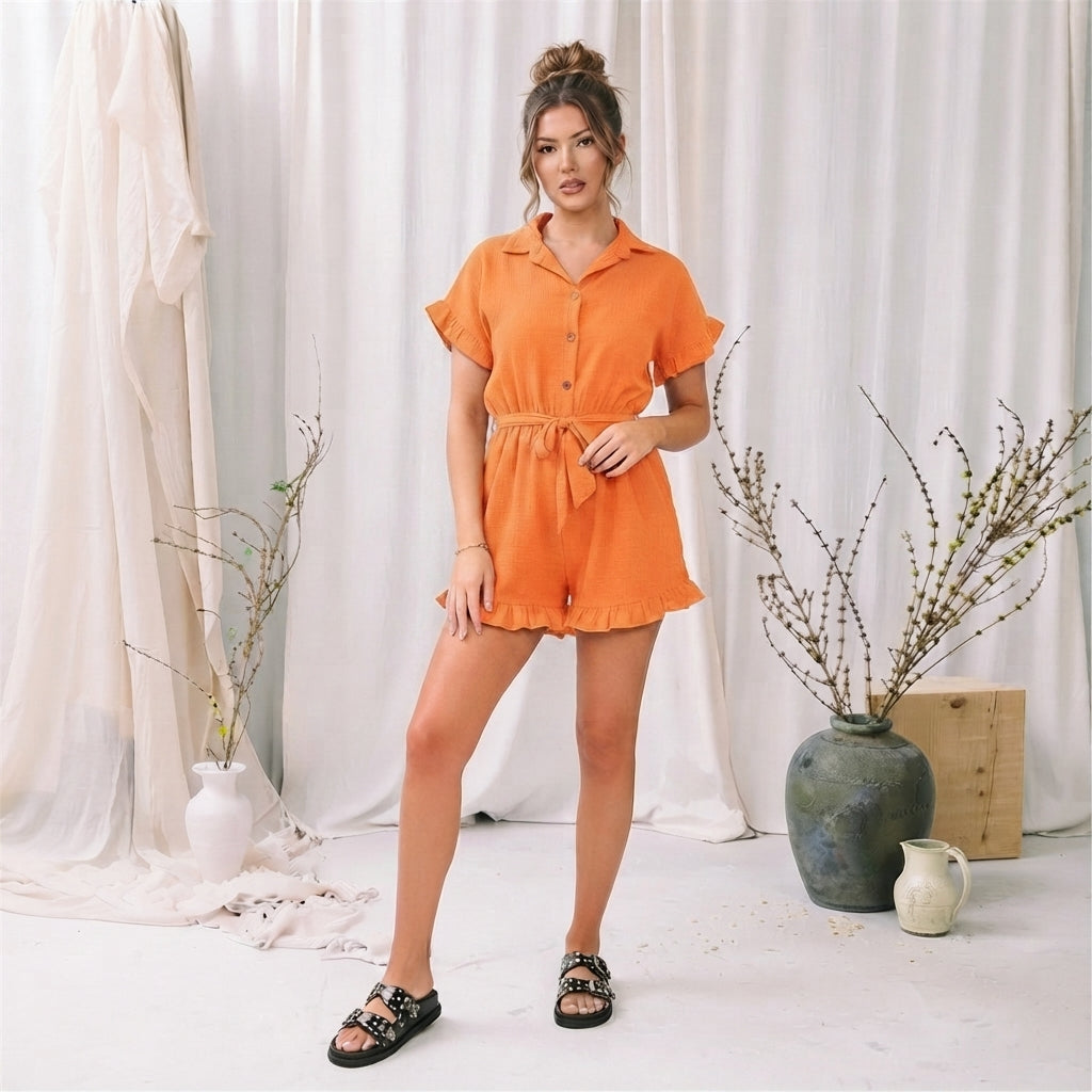 LUXE DIVA Women's Gold Button Belted Playsuit Short Sleeve Romper
