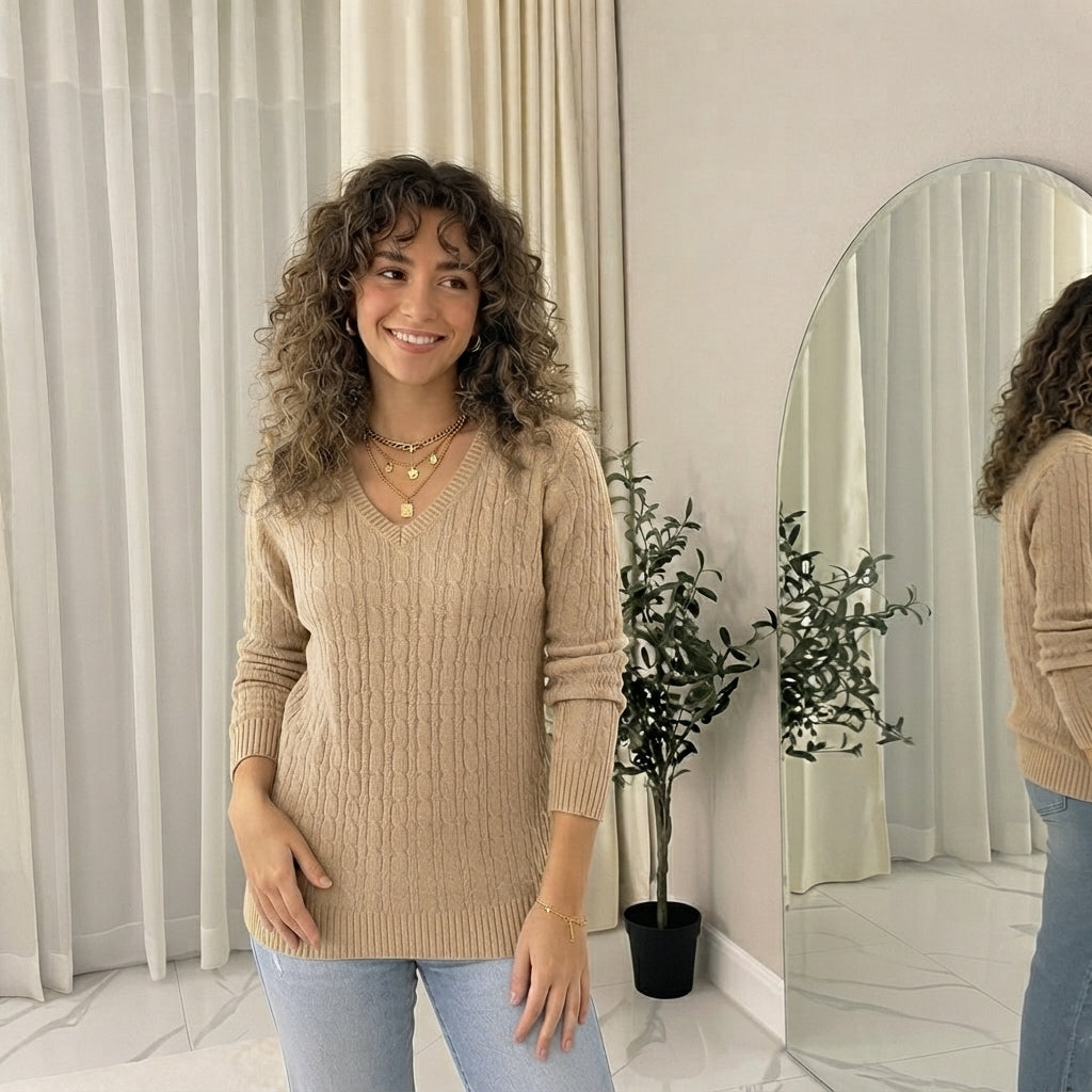 LUXE DIVA Women’s Long Sleeve V Neck Chunky Cable Knit Jumper for Ladies Casual Pullover Sweater for Women UK Size 8-22
