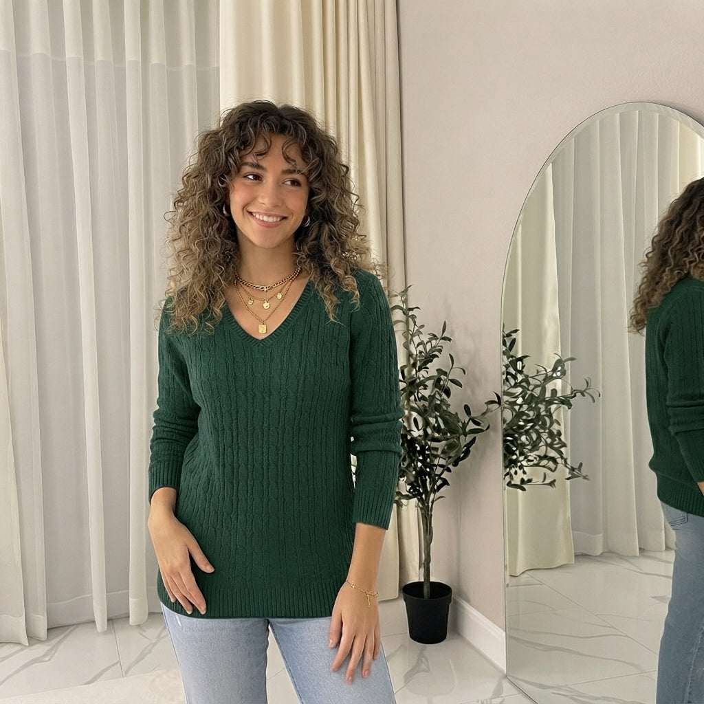 LUXE DIVA Women’s Long Sleeve V Neck Chunky Cable Knit Jumper for Ladies Casual Pullover Sweater for Women UK Size 8-22