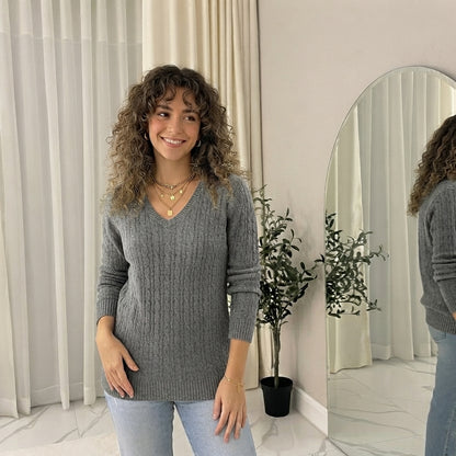 LUXE DIVA Women’s Long Sleeve V Neck Chunky Cable Knit Jumper for Ladies Casual Pullover Sweater for Women UK Size 8-22