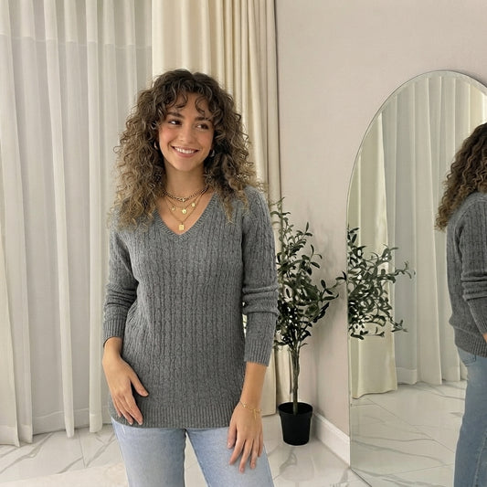 LUXE DIVA Women’s Long Sleeve V Neck Chunky Cable Knit Jumper for Ladies Casual Pullover Sweater for Women UK Size 8-22