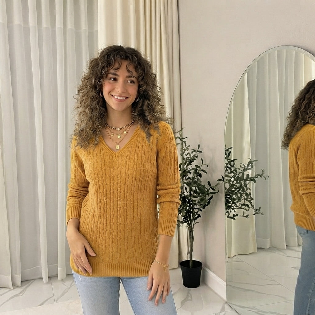 LUXE DIVA Women’s Long Sleeve V Neck Chunky Cable Knit Jumper for Ladies Casual Pullover Sweater for Women UK Size 8-22