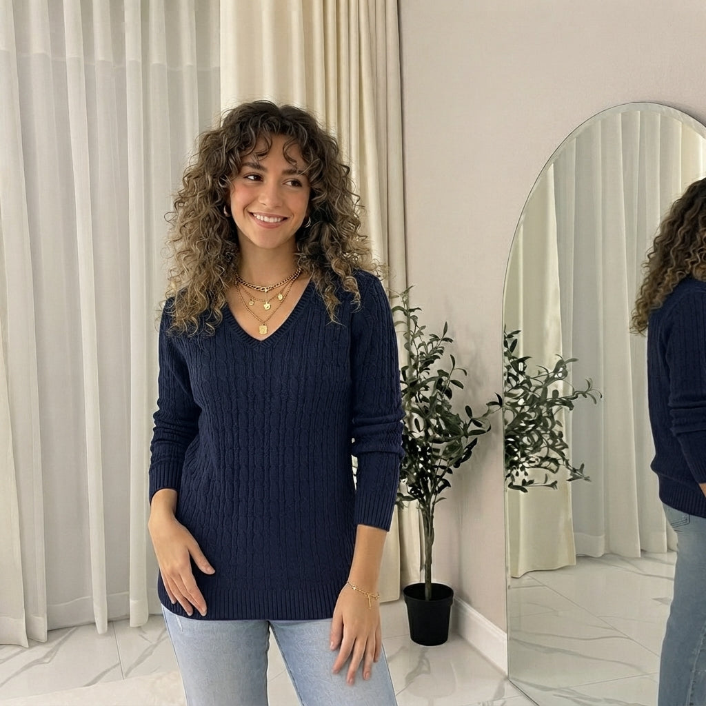 LUXE DIVA Women’s Long Sleeve V Neck Chunky Cable Knit Jumper for Ladies Casual Pullover Sweater for Women UK Size 8-22