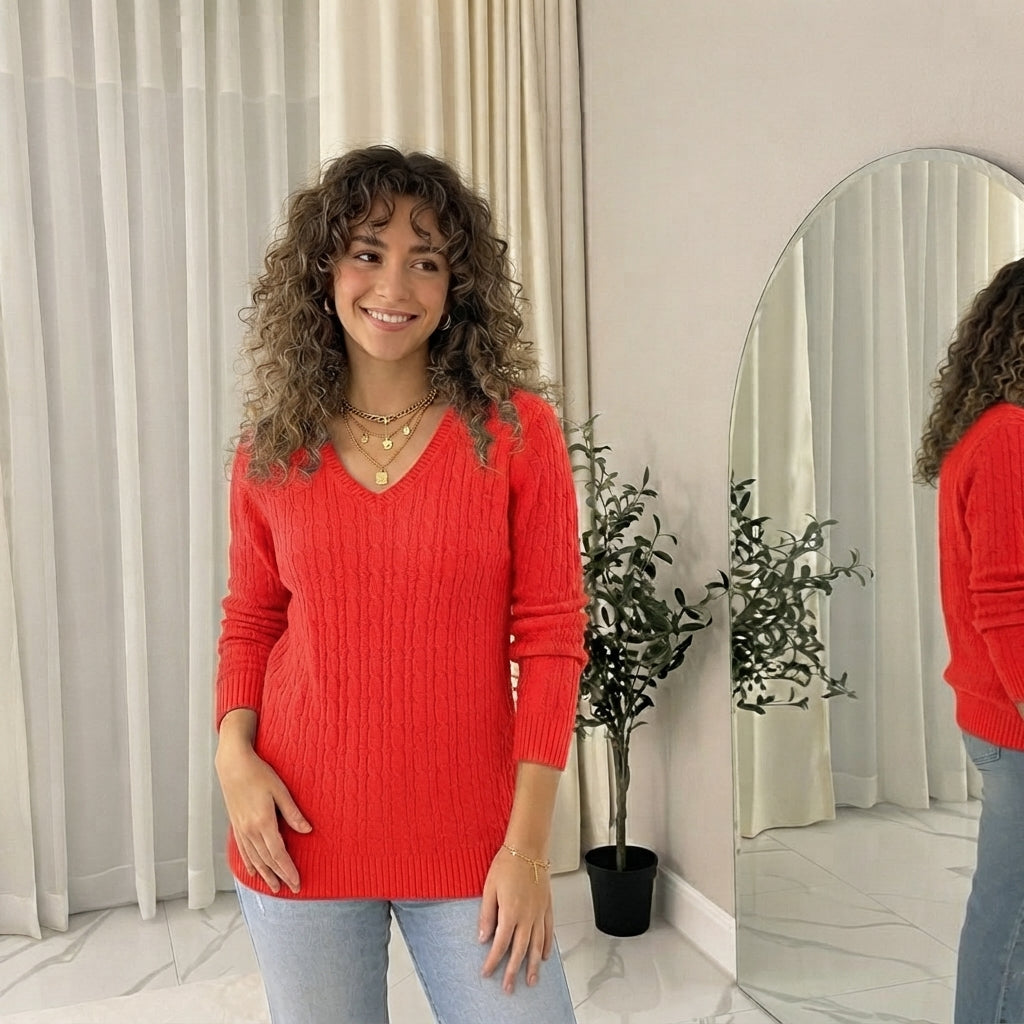 LUXE DIVA Women’s Long Sleeve V Neck Chunky Cable Knit Jumper for Ladies Casual Pullover Sweater for Women UK Size 8-22