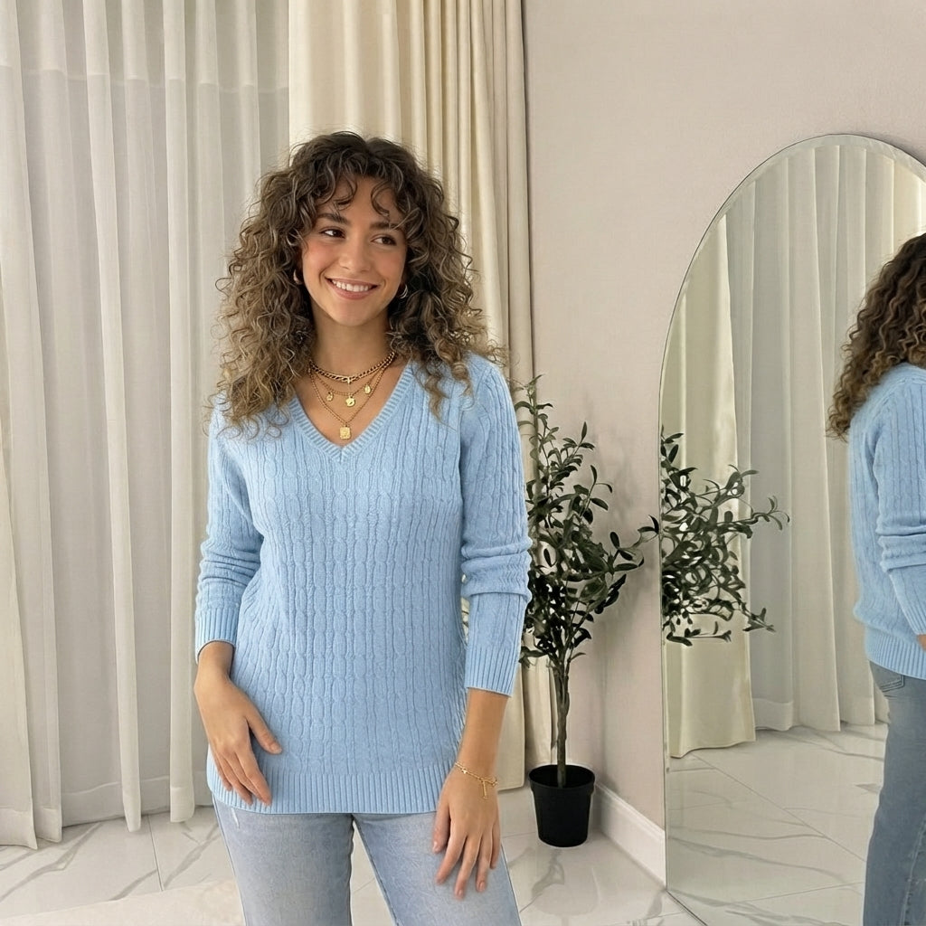 LUXE DIVA Women’s Long Sleeve V Neck Chunky Cable Knit Jumper for Ladies Casual Pullover Sweater for Women UK Size 8-22