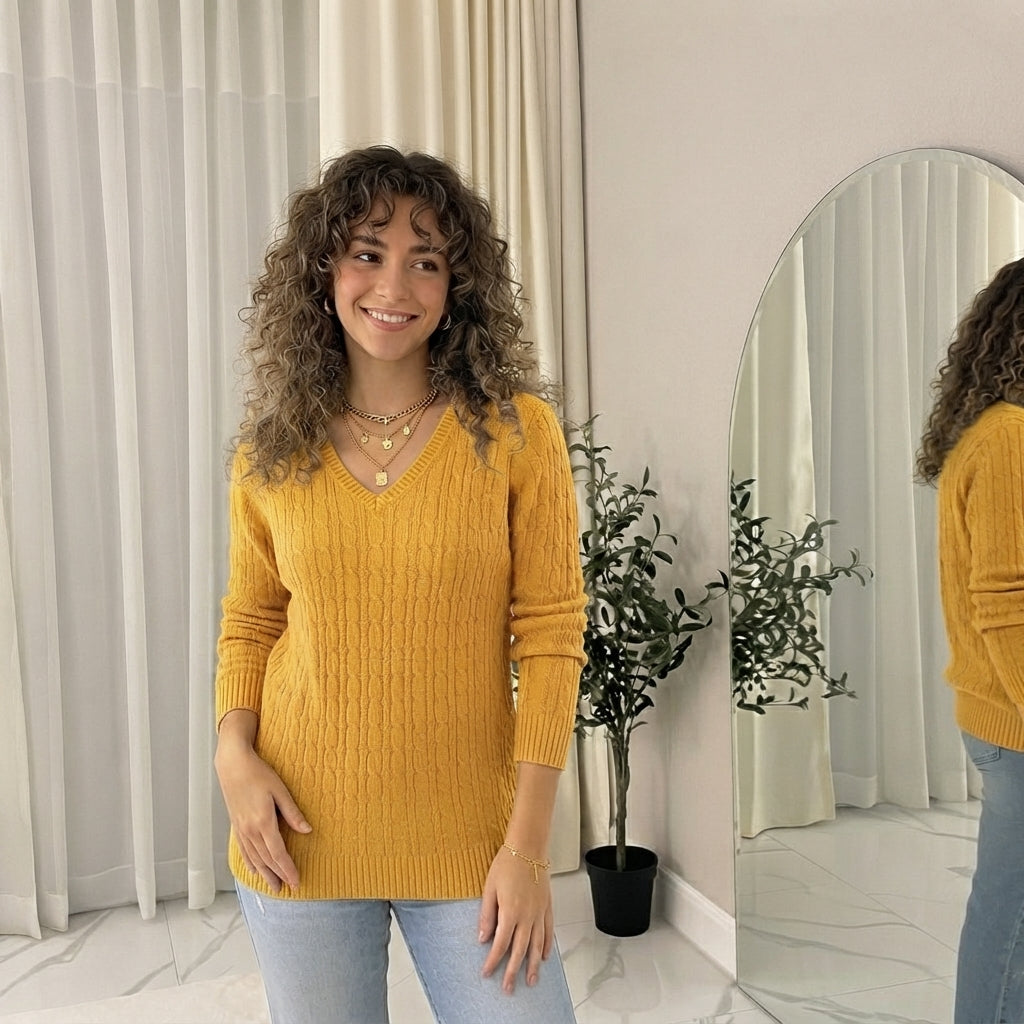 LUXE DIVA Women’s Long Sleeve V Neck Chunky Cable Knit Jumper for Ladies Casual Pullover Sweater for Women UK Size 8-22