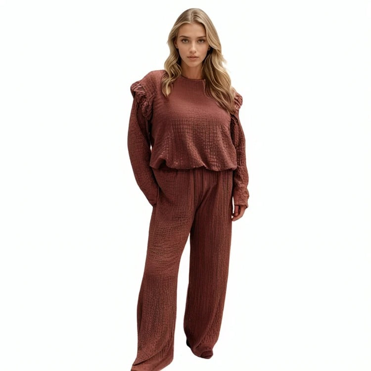 LUXE DIVA Ladies Frill arm Long Sleeve 2pcs Women's Wide Flared Leggings Trouser Loungewear Suit