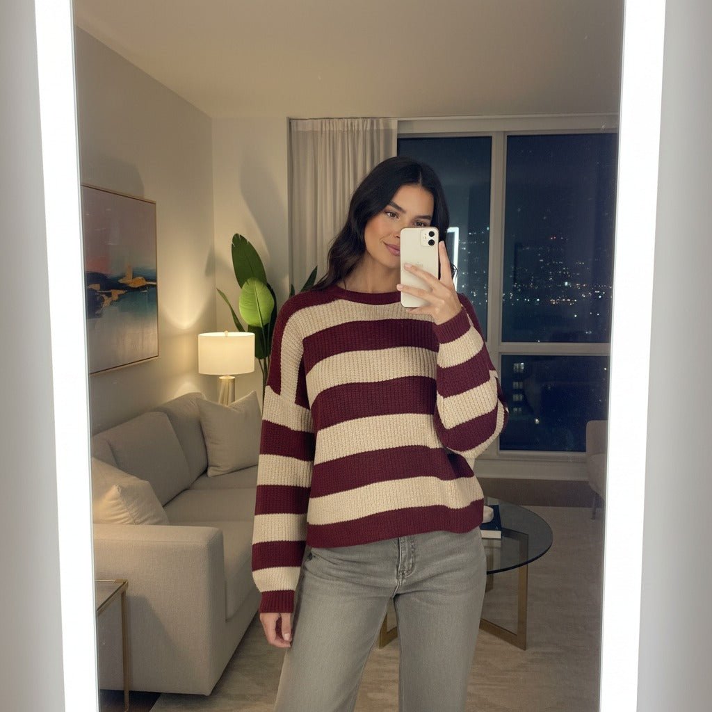Chunky Knit Striped Women's Jumpers, Long - LUXE DIVAChunky Knit Striped Women's Jumpers, LongLUXE DIVALUXE DIVALSKnitStrpJumpWineStone1SChunky Knit Striped Women's Jumpers, LongOne sizeWine - Stone
