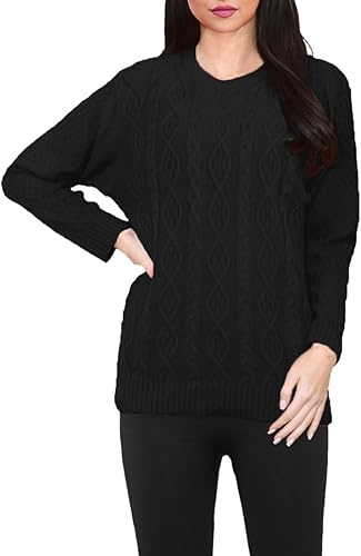 LUXE DIVA Women's Cable Knit Round Neck Jumper Stretch Sweater