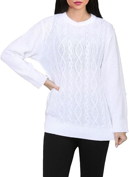 LUXE DIVA Women's Cable Knit Round Neck Jumper Stretch Sweater