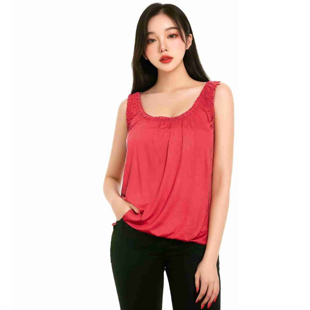 LUXE DIVA Women’s Gathered Round Scoop Neckline Swing Trim Sleeveless Plain Tank Top Wide Straps Ladies Elastic Bubble Hem Summer Camisole Baggy Vest Blouse Top