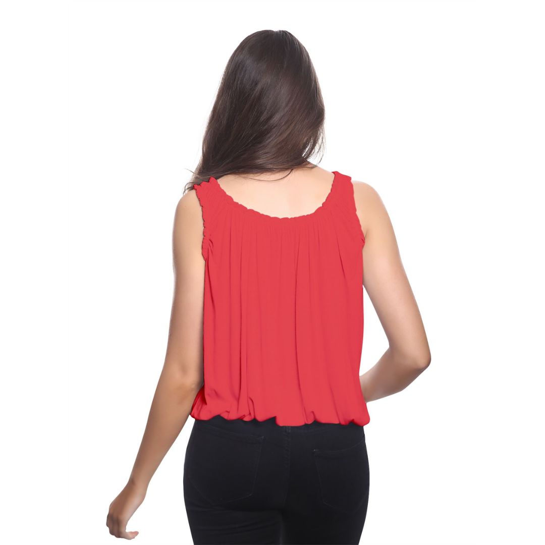 LUXE DIVA Women’s Gathered Round Scoop Neckline Swing Trim Sleeveless Plain Tank Top Wide Straps Ladies Elastic Bubble Hem Summer Camisole Baggy Vest Blouse Top