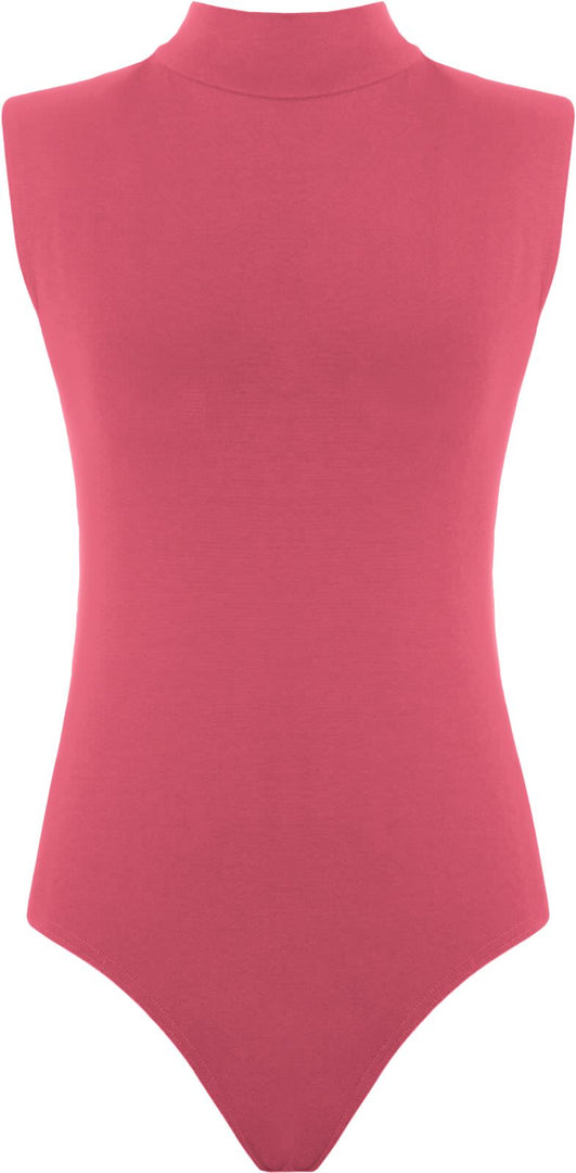 Womens Polo Turtle Neck Bodysuit Ladies Sleeveless Leotard Plain Stretchy Plunge Casual Party T-Shirt Top Sizes 8-14