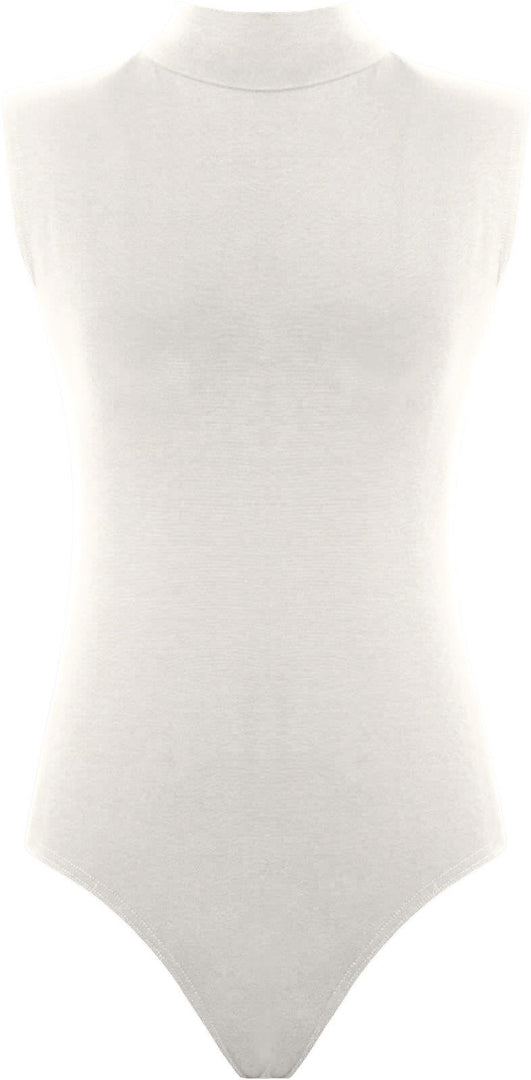 Womens Polo Turtle Neck Bodysuit Ladies Sleeveless Leotard Plain Stretchy Plunge Casual Party T-Shirt Top Sizes 8-14