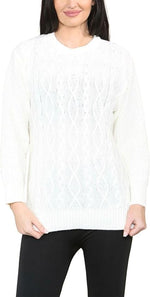 Load image into Gallery viewer, LUXE DIVA LADIES ROUND NECK LONG SLEEVE KNITTED JUMPER SELF PATTERN WITH DIAMOND ALL WAY DOWN CABLE KNIT Clothing Comfort

