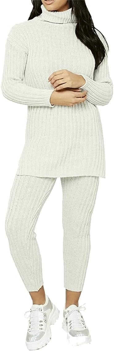 LUXE DIVA Ladies Chunky Cable Knitted Polo High Neck Top Leggings Lounge wear Suit Set