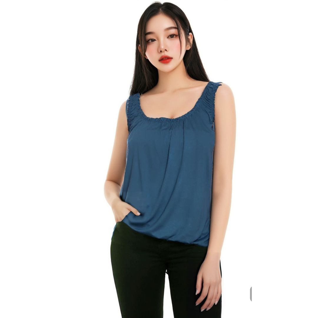 LUXE DIVA Women’s Gathered Round Scoop Neckline Swing Trim Sleeveless Plain Tank Top Wide Straps Ladies Elastic Bubble Hem Summer Camisole Baggy Vest Blouse Top