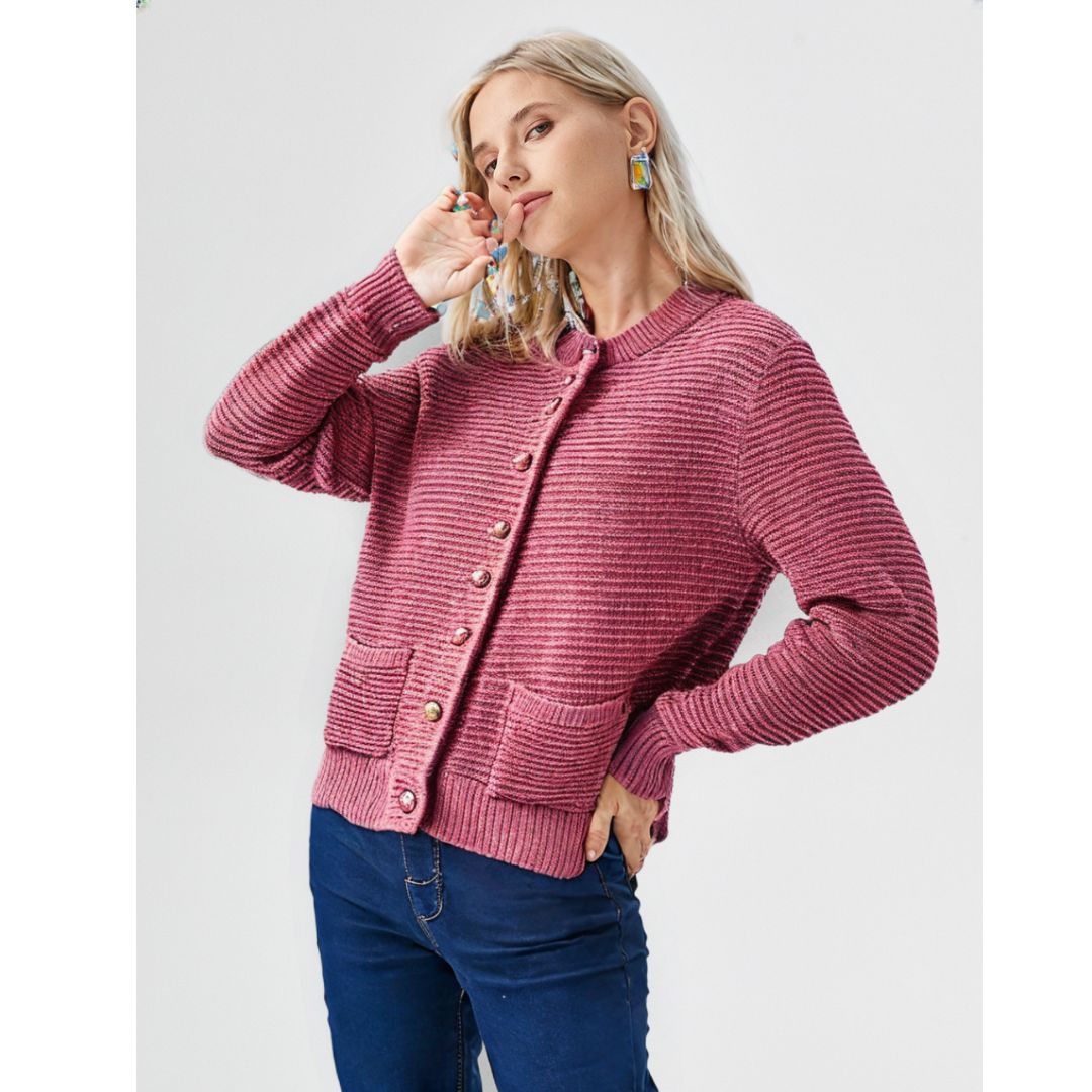 LUXE DIVA Womens Stitch Crew Neck Cardigan Ladies Knitted Pocket Front Button Up Long Sleeve Sweater UK 8-22