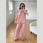 Load image into Gallery viewer, LUXEDIVA Womens Ladies Super Soft Popcorn Frill Short Sleeve Top Trouser 2PCS Co Ord LOungewear Sets
