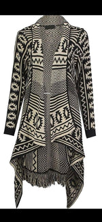 Load image into Gallery viewer, LUXE DIVA Ladies Women Long Sleeves Aztec Print Frill Waterfall Knitted Cardigan 8-16

