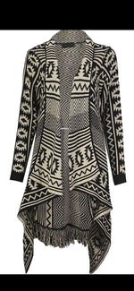 Load image into Gallery viewer, LUXE DIVA Ladies Women Long Sleeves Aztec Print Frill Waterfall Knitted Cardigan 8-16
