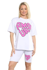 Load image into Gallery viewer, LUXE DIVA Womens Lounge Wear Amour Print Cycling Shorts Co ord T-shirt Set
