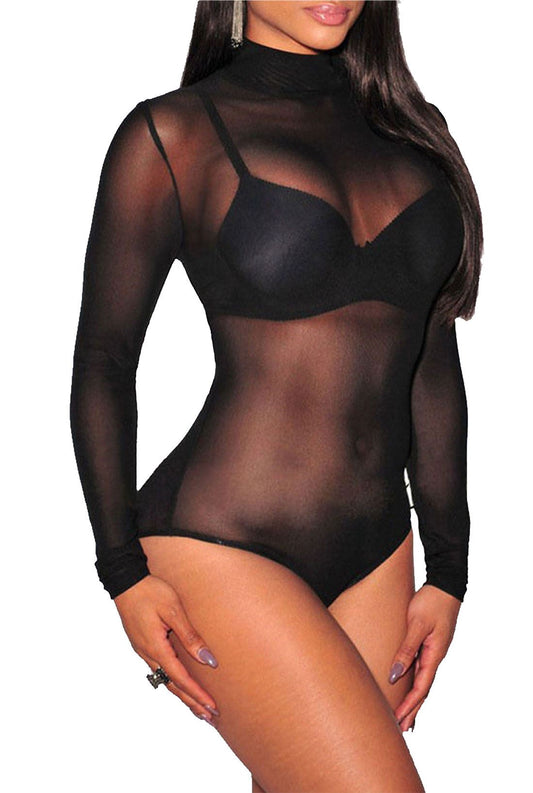 LUXE DIVA Women's Mesh Turtle Neck Long Sleeve Bodysuit