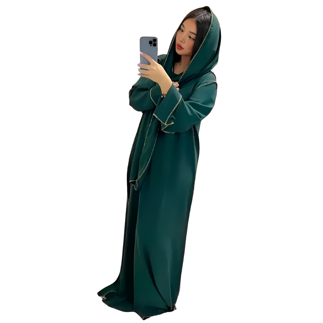 LUXE DIVA Womens Gold Trim Dubai Abaya With Scarf Islamic Muslim Jilbab Long Maxi Dress