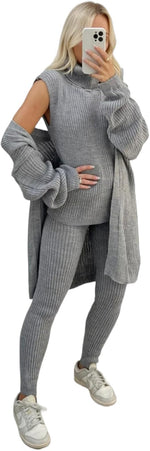 Load image into Gallery viewer, LUXE DIVA Ladies Girls 3 Piece Suit Roll Neck Chunky Knitted Tracksuit Rib Lounge Wear Set
