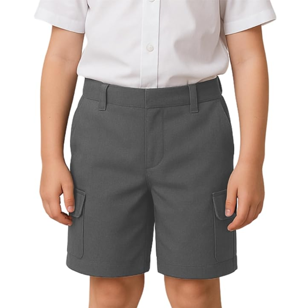LUXE DIVA Boys School Uniform Cargo Shorts, Teflon-Coated Plain Elasticated Waist Boys Shorts with Zip and Clip Fastening, Black & Grey Uniform Summer Short Pants, Ages 3-13 Years