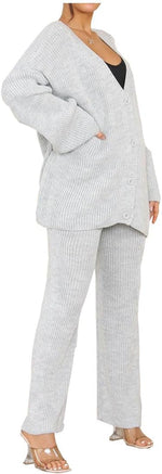 Load image into Gallery viewer, Ladies 2 Piece Italian Knitted 4 Button Cardigan Set Womens Wide Leg Lounge Wear Co-Ord Bottom Tracksuits

