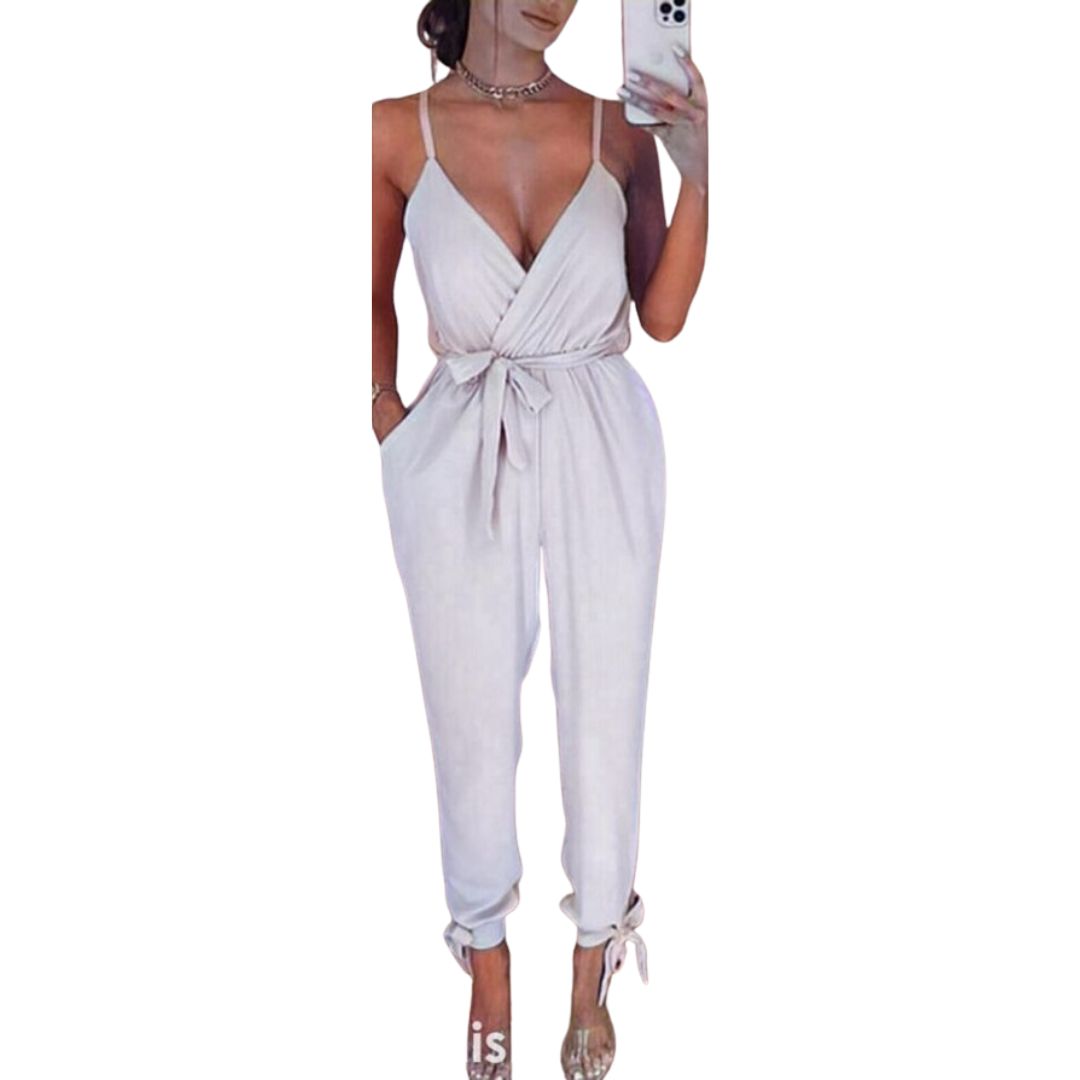 LUXE DIVA Women's V Neck Wrap Over Ankle Tie Waist Jumpsuit Ladies Harem Wide Leg Playsuit