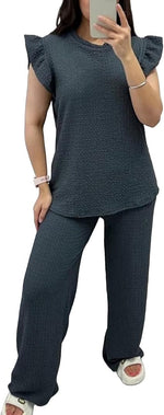 Load image into Gallery viewer, LUXEDIVA Womens Ladies Super Soft Popcorn Frill Short Sleeve Top Trouser 2PCS Co Ord LOungewear Sets

