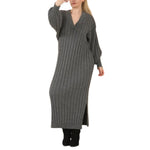 Load image into Gallery viewer, LUXE DIVA LADIES V Neck HIGH FUNNEL NECK LONG MAXI LENGTH KNITTED DRESS NOW IN STOCK
