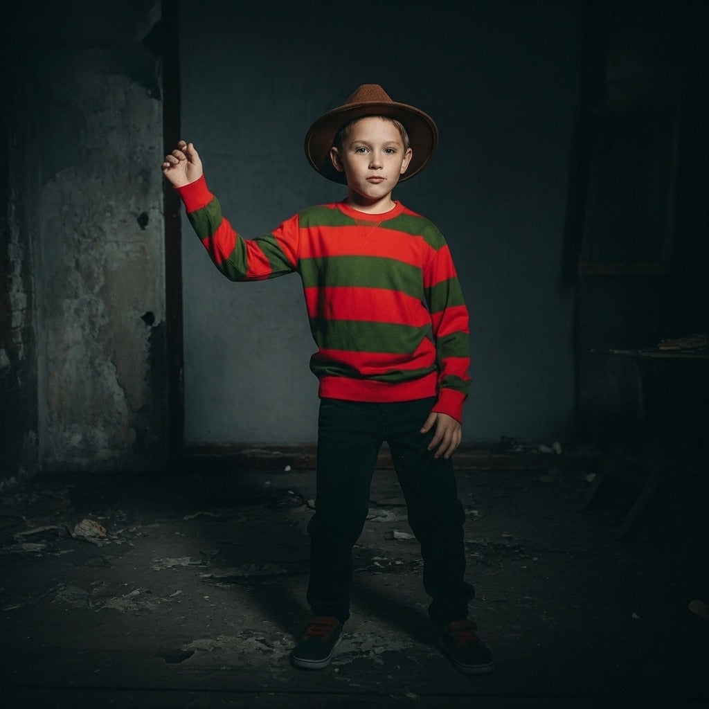 LUXE DIVA Kids Halloween Costume Red Green Stripe Knitted Jumper Explore Hat Scary Mask & Claw Hand Glove Halloween Cosplay Horror Fancy Dress Costume Suit Sweater+Top+Hat+Mask+Glove For Kids