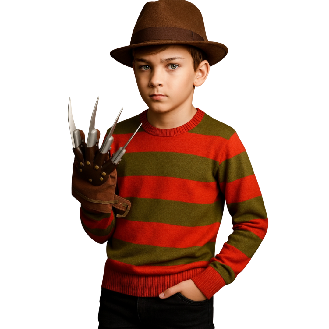 LUXE DIVA Men's Halloween Costume Red Green Stripe Knitted Jumper Explore Hat Scary Mask & Claw Hand Glove Halloween Cosplay Horror Fancy Dress Costume Suit Sweater+Top+Hat+Mask+Glove For Adult
