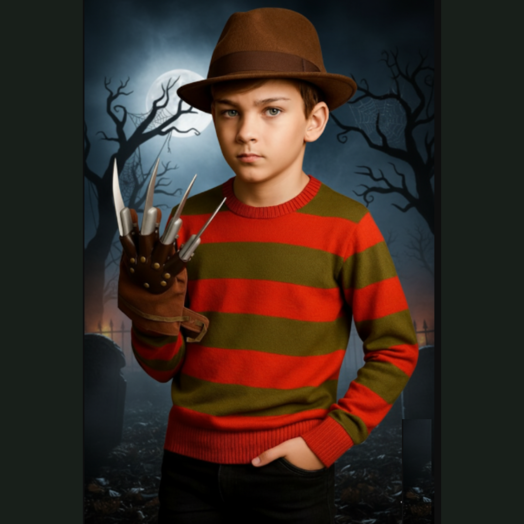 LUXE DIVA Men's Halloween Costume Red Green Stripe Knitted Jumper Explore Hat Scary Mask & Claw Hand Glove Halloween Cosplay Horror Fancy Dress Costume Suit Sweater+Top+Hat+Mask+Glove For Adult